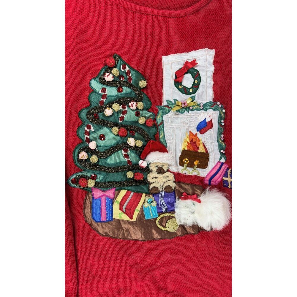 Christmas Sweater Vintage 90s 3D Embroidered Tree Scene Red Large - Picture 8 of 9
